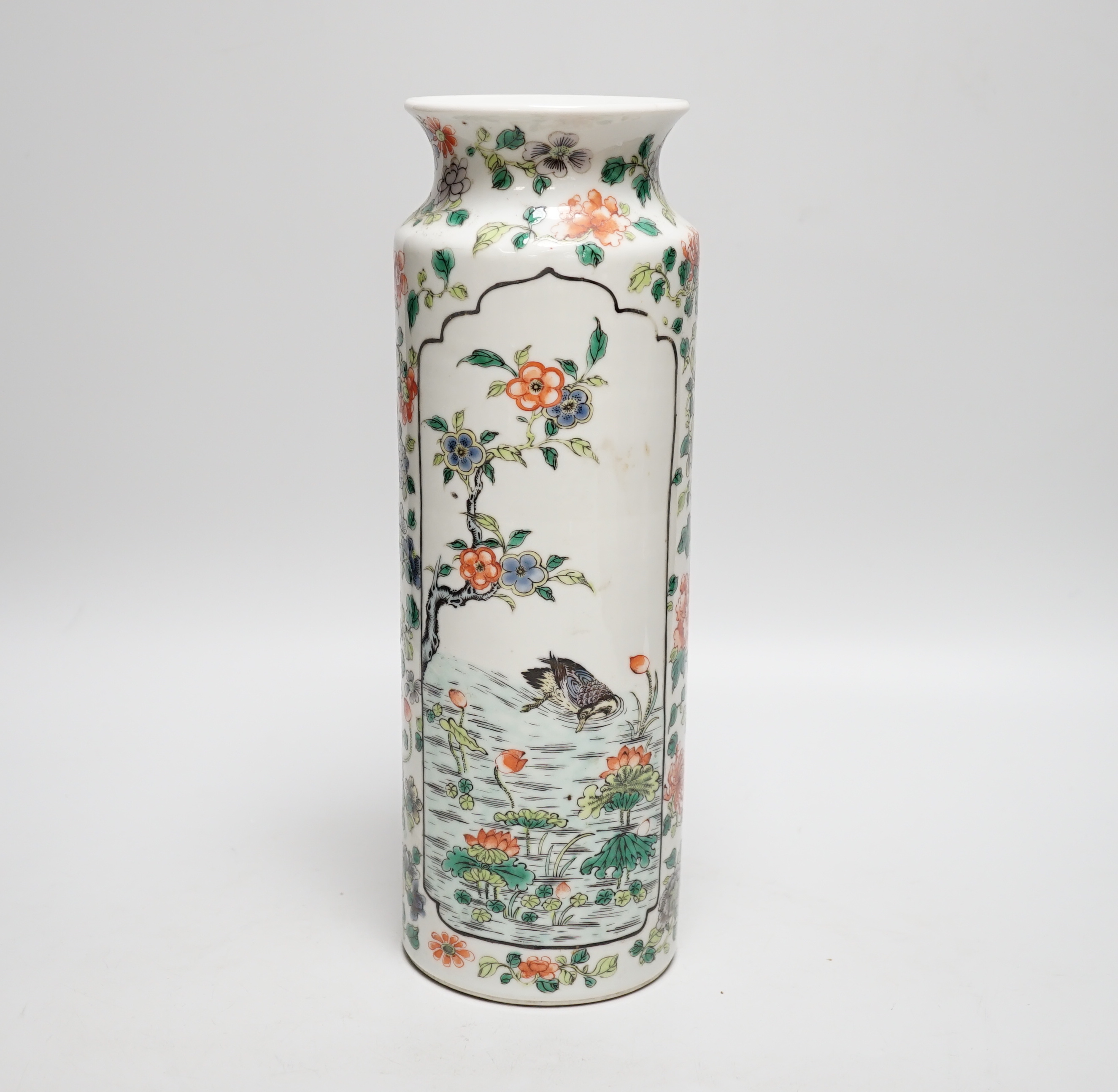 Early 20th century Chinese sleeve vase hand painted in the famille verte palette with birds and flowers, 30cm high